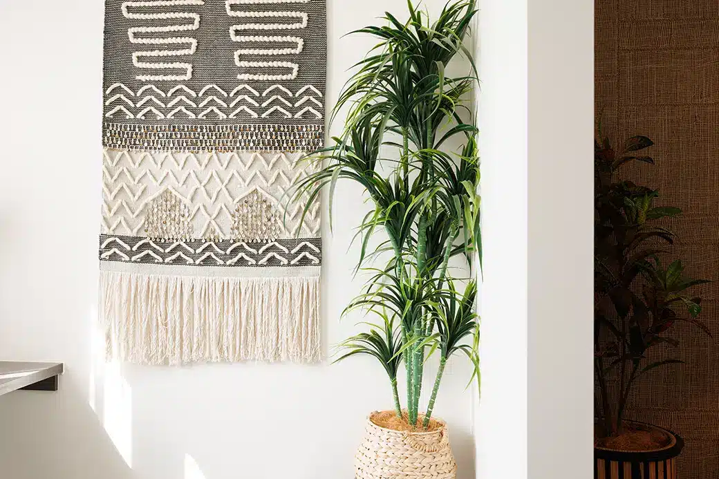 Real estate photography Sunshine Coast — styled interior detail with woven wall hanging and indoor plant in display home by Studio Rob