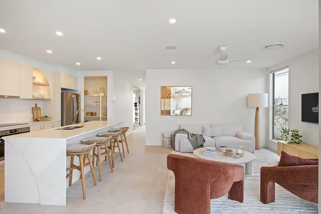 Bright open plan luxury kitchen and living room 360 virtual tour preview